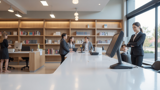 社区服务中心场景，工作人员在演示智能设备，多位老人参与体验，明亮宽敞空间，现代化设备展示